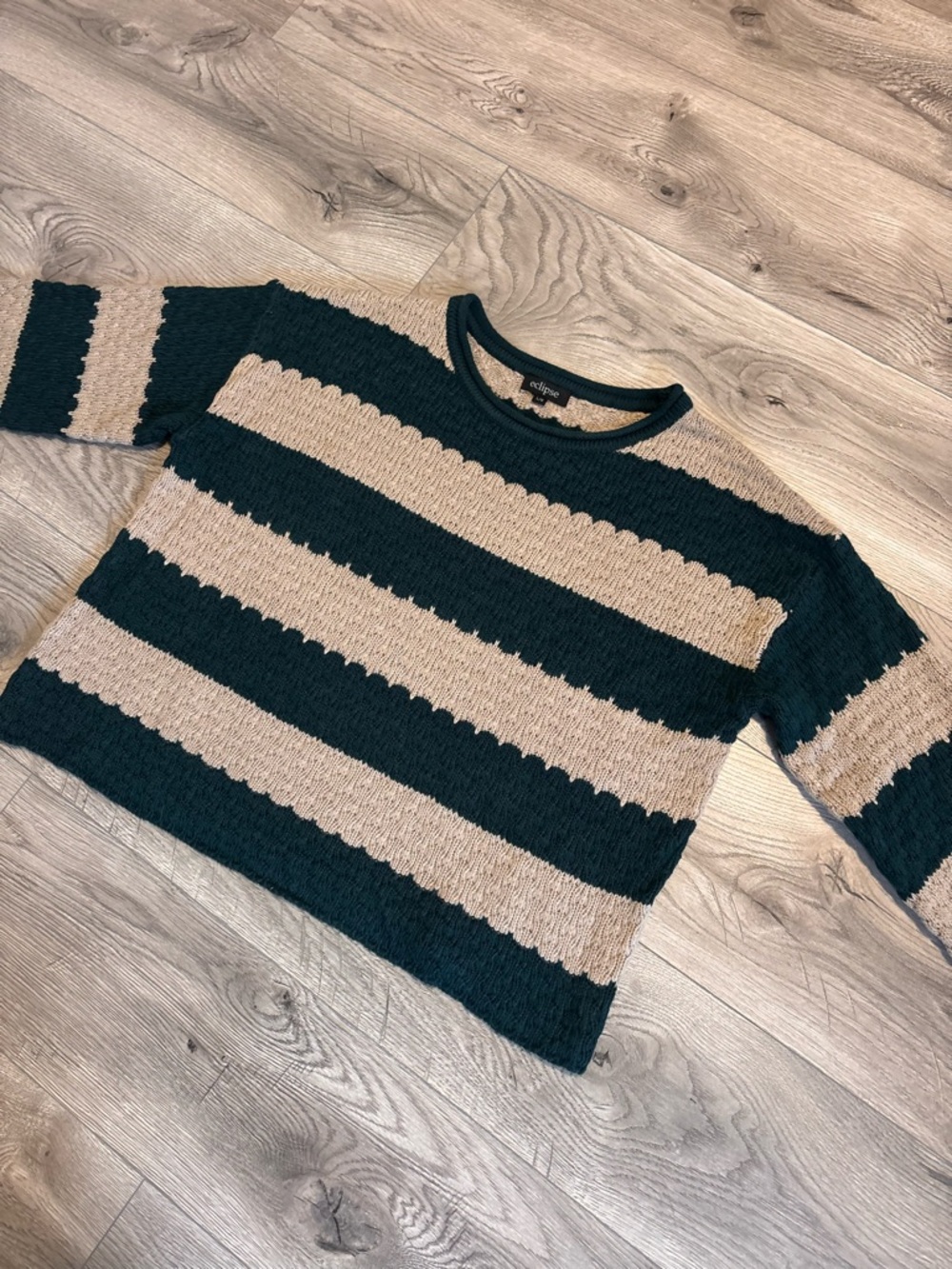 Eclipse Striped Knit Sweater Green & Beige Women’s Size Large